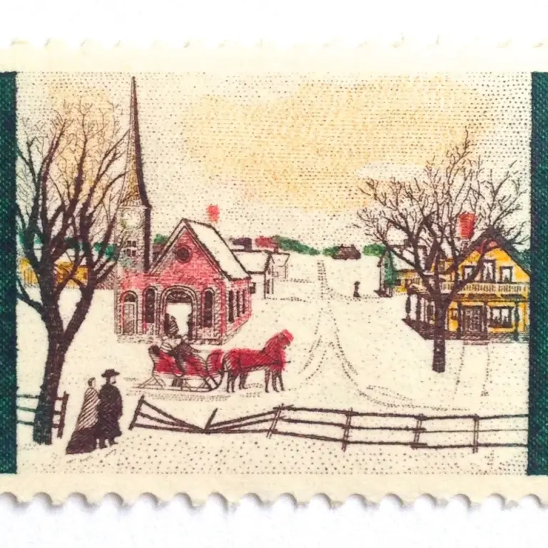 10 Vintage Christmas Scene Stamps Unused Sleigh Ride Folk Art Winter Scene // Christmas Greetings Stamps for Mailing Holiday Cards