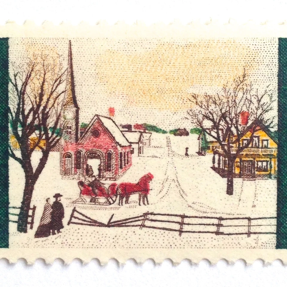 product_image_1774524302 10 Vintage Christmas Scene Stamps Unused Sleigh Ride Folk Art Winter Scene // Christmas Greetings Stamps for Mailing Holiday Cards