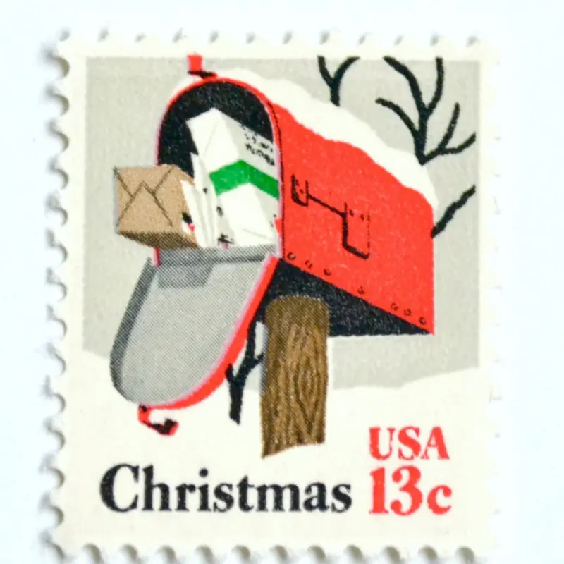 10 Christmas Mailbox Postage Stamps Unused Vintage Holiday Stamps for Mailing