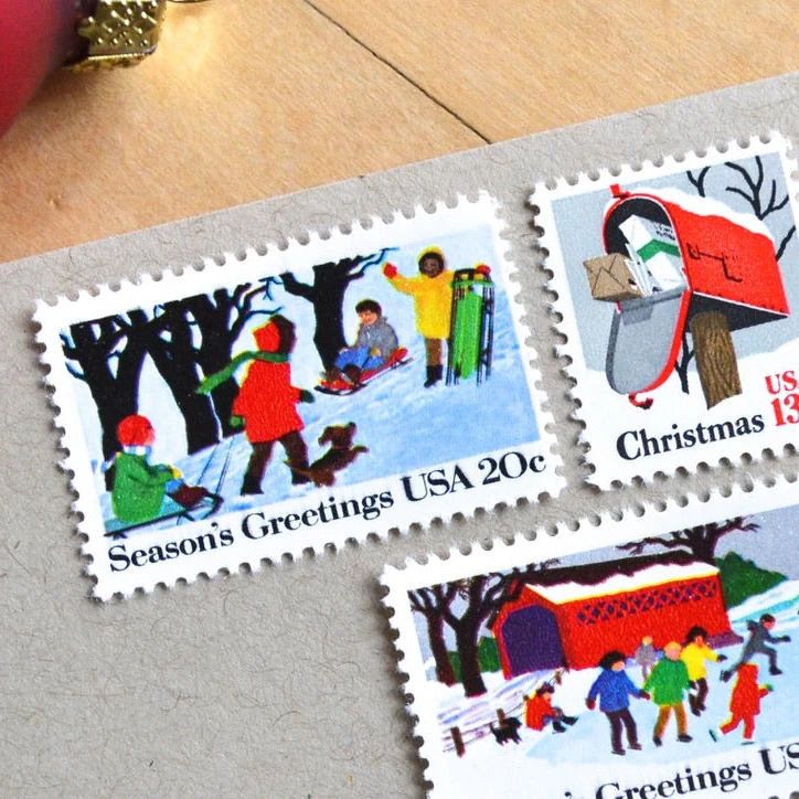 10 Christmas Mailbox Postage Stamps Unused Vintage Holiday Stamps for Mailing