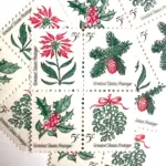 12 Christmas Stamps Unused Holly Poinsettia Mistletoe Evergreen Pinecone Vintage Stamps