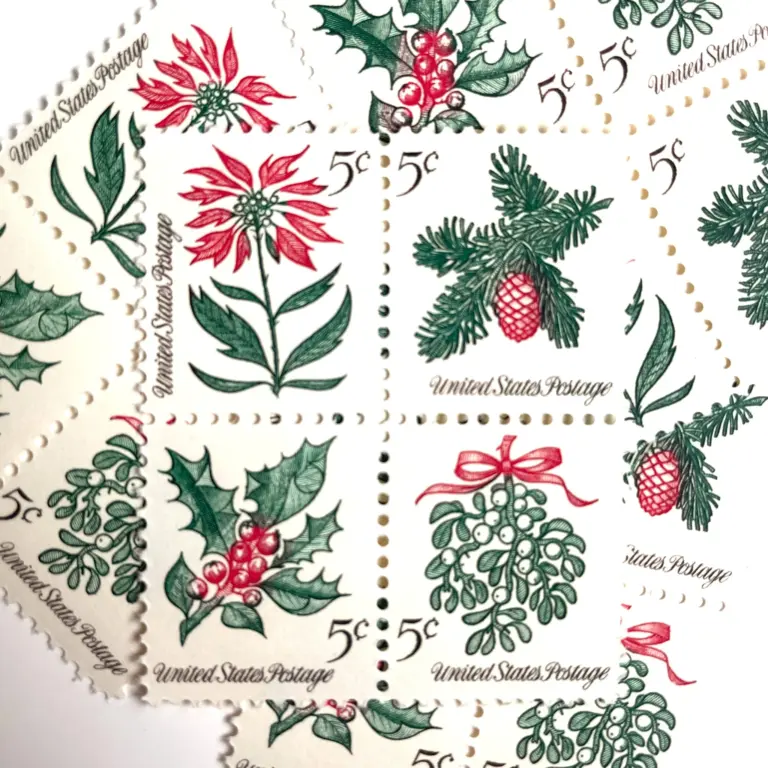 12 Christmas Stamps Unused Holly Poinsettia Mistletoe Evergreen Pinecone Vintage Stamps