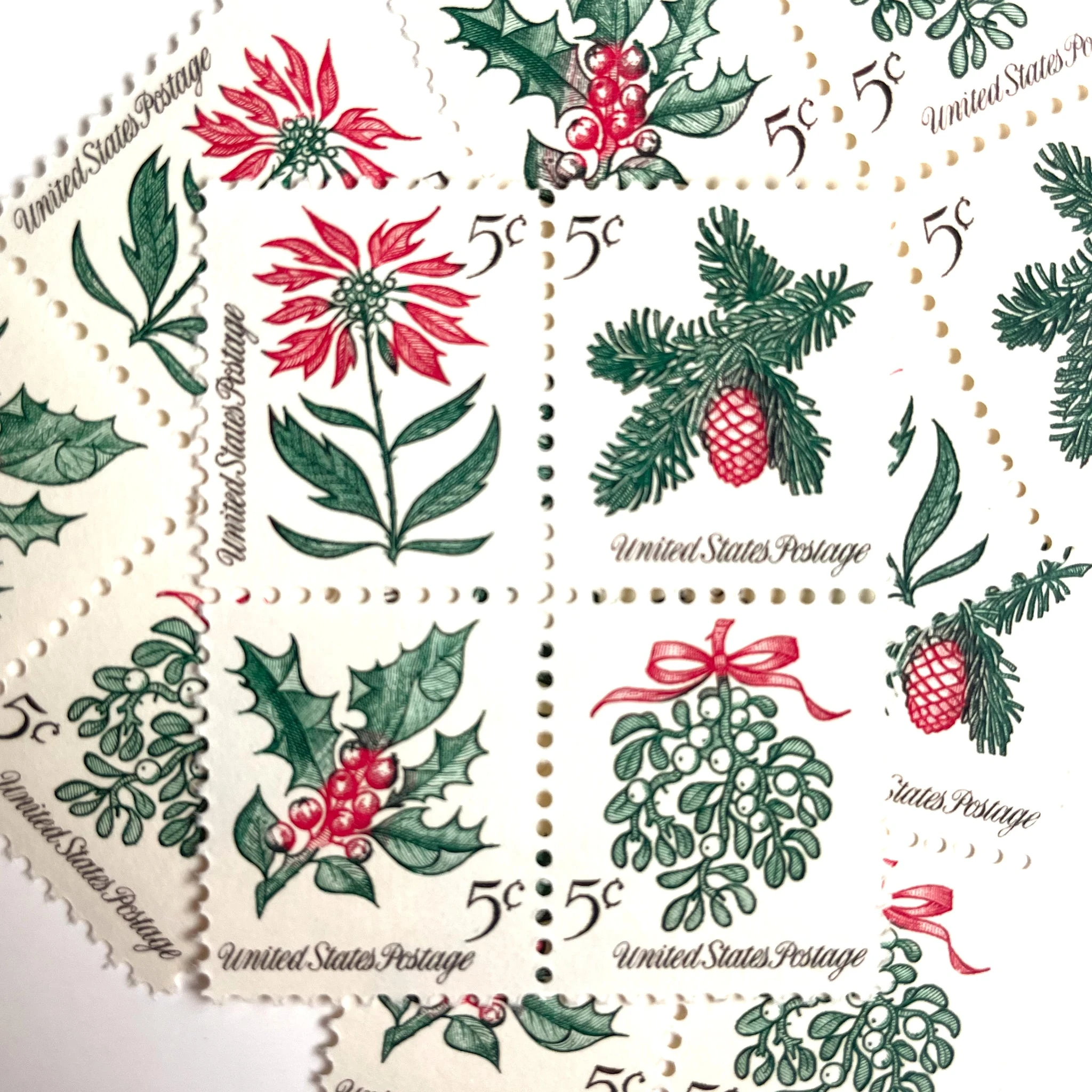 12 Christmas Stamps Unused Holly Poinsettia Mistletoe Evergreen Pinecone Vintage Stamps