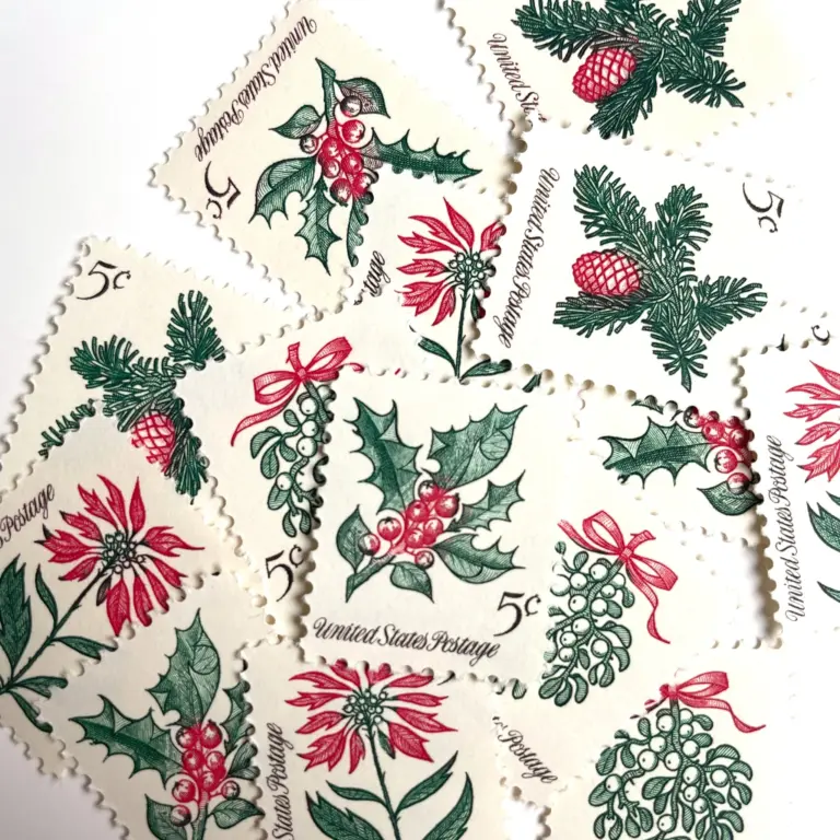 12 Christmas Stamps Unused Holly Poinsettia Mistletoe Evergreen Pinecone Vintage Stamps