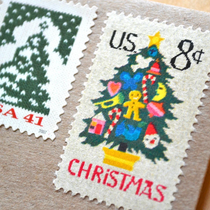 10 Christmas Tree Stamps Unused Cross Stitch Holiday Postage for Mailing
