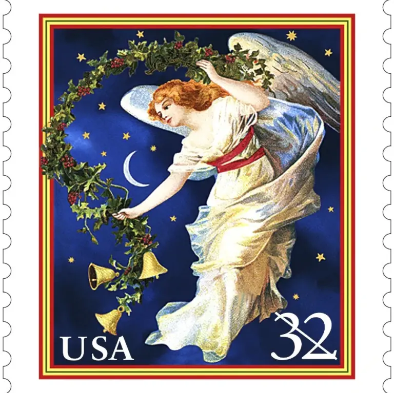 10 Vintage Christmas Angel Postage Stamps // Starry Night Sky // Holly and Bells // 32 Cent Midnight Blue Christmas Angel Stamps for Mailing