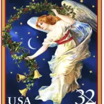 10 Vintage Christmas Angel Postage Stamps // Starry Night Sky // Holly and Bells // 32 Cent Midnight Blue Christmas Angel Stamps for Mailing