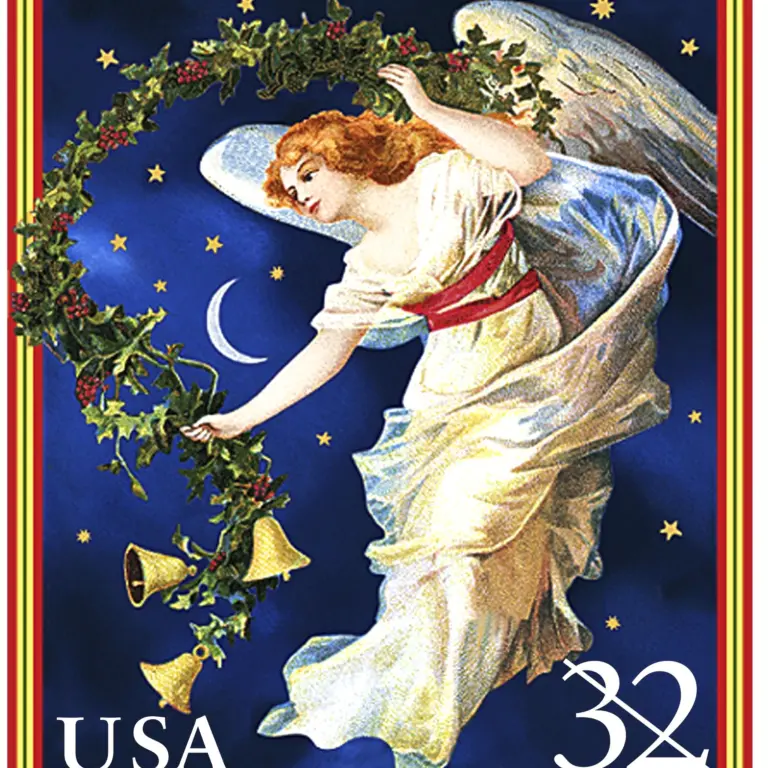 10 Vintage Christmas Angel Postage Stamps // Starry Night Sky // Holly and Bells // 32 Cent Midnight Blue Christmas Angel Stamps for Mailing