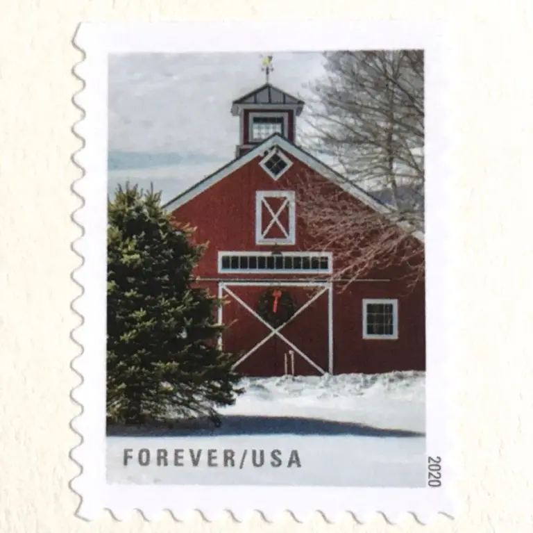 10 Red Barn Forever Stamps Winter Farm Holiday Postage Stamps for Mailing Christmas Cards and Wedding Invitations