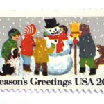 12 Vintage Christmas Postage Stamps Unused Children Sledding Ice Skating Snow Man Building // 20 Cent Winter Holiday Stamps for Mailing