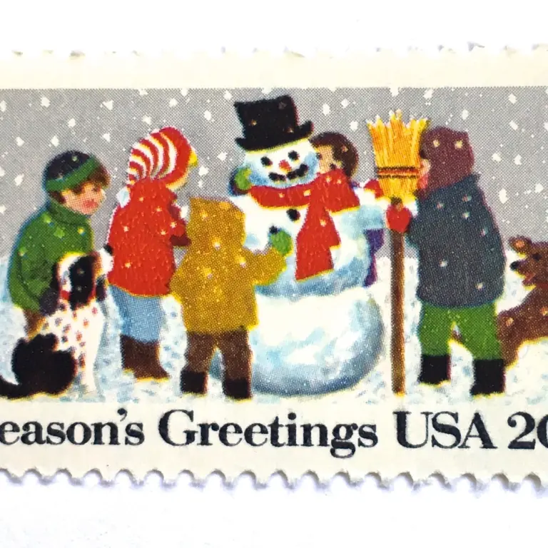 12 Vintage Christmas Postage Stamps Unused Children Sledding Ice Skating Snow Man Building // 20 Cent Winter Holiday Stamps for Mailing