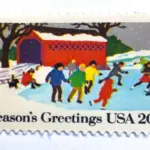 12 Vintage Christmas Postage Stamps Unused Children Sledding Ice Skating Snow Man Building // 20 Cent Winter Holiday Stamps for Mailing