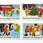 12 Vintage Christmas Postage Stamps Unused Children Sledding Ice Skating Snow Man Building // 20 Cent Winter Holiday Stamps for Mailing