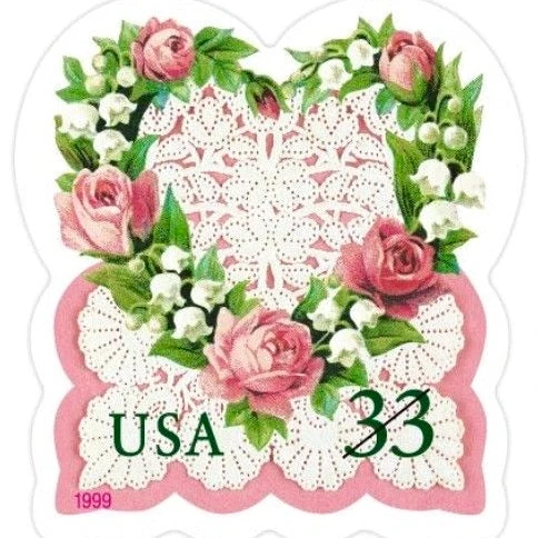 10 Pink Rose Stamps Vintage Heart Shaped Lace Postage Stamps For Mailing