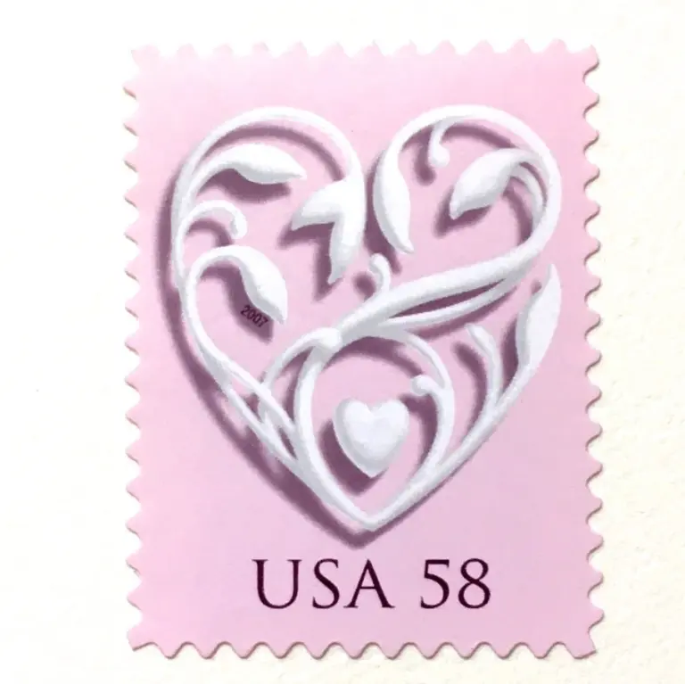 10 Pink Heart Stamps 58 Cent Vintage Pink Love Postage Pink Botanical Heart Stamps for Mailing